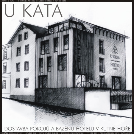 HOTEL U KATA - Kutná Hora | Vytváření městotvorného nároží. Přístavba tří pater pokojů, bazénu a wellness. Varianta s prosklenou hlavou přístavby.